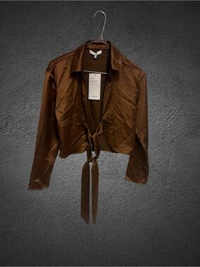 Ro & De Brown Satin Tie Front Cropped Blouse Size XS | NWT Silk-Look